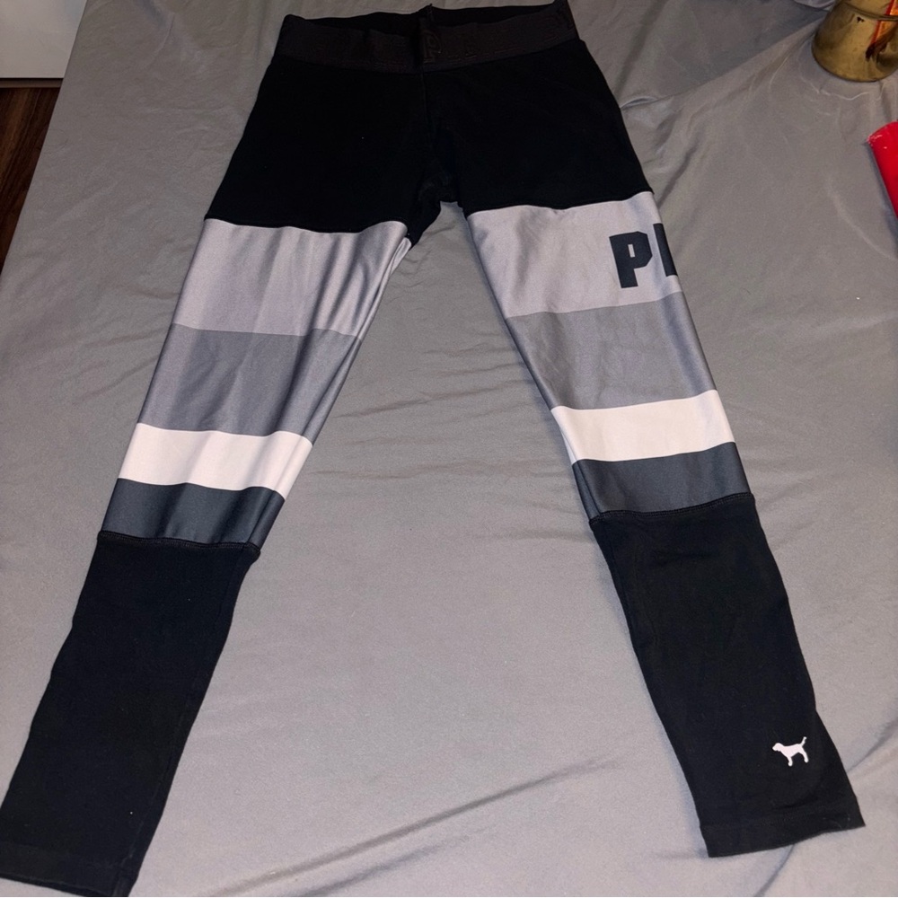 PINK Victoria's Secret Black and Gray Striped Leggings Small
